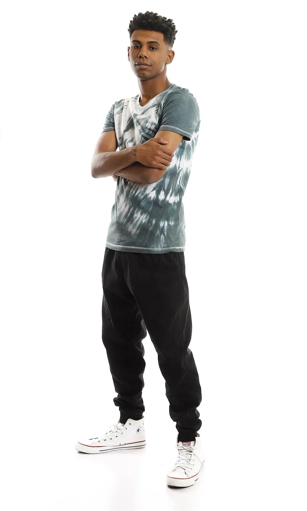 94558 Short Sleeves V-Neck Tie Dye Green Shades Tee