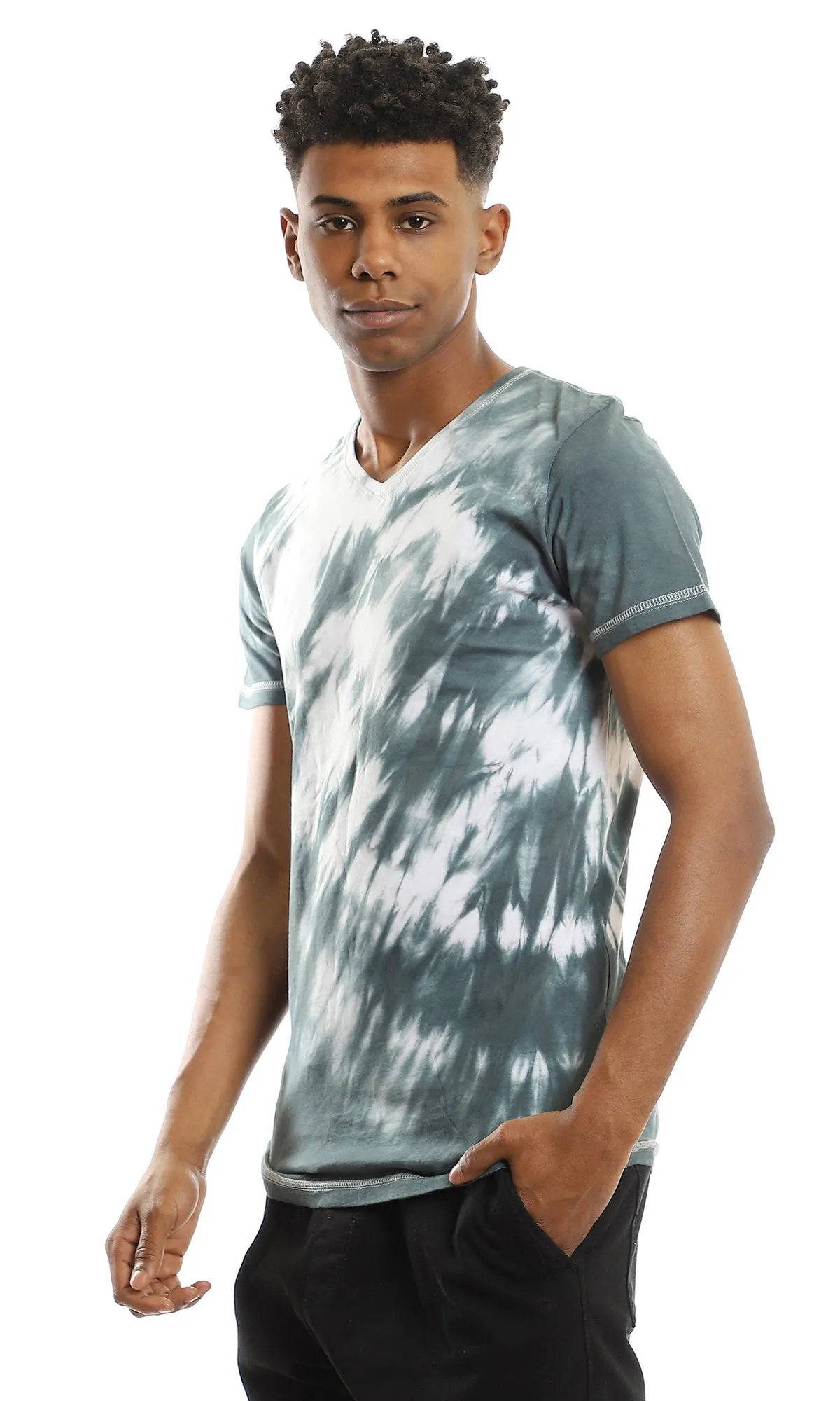 94558 Short Sleeves V-Neck Tie Dye Green Shades Tee