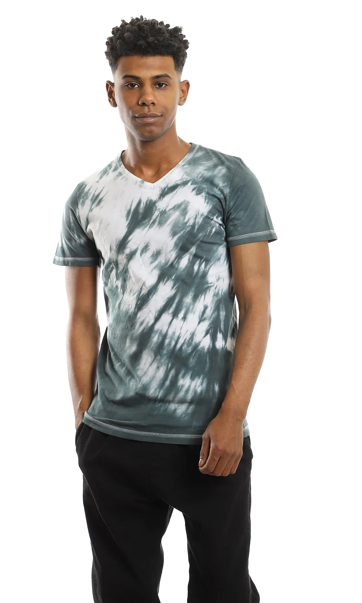 94558 Short Sleeves V-Neck Tie Dye Green Shades Tee