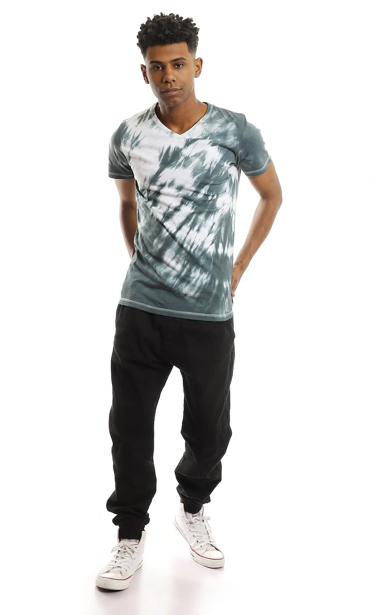 94558 Short Sleeves V-Neck Tie Dye Green Shades Tee