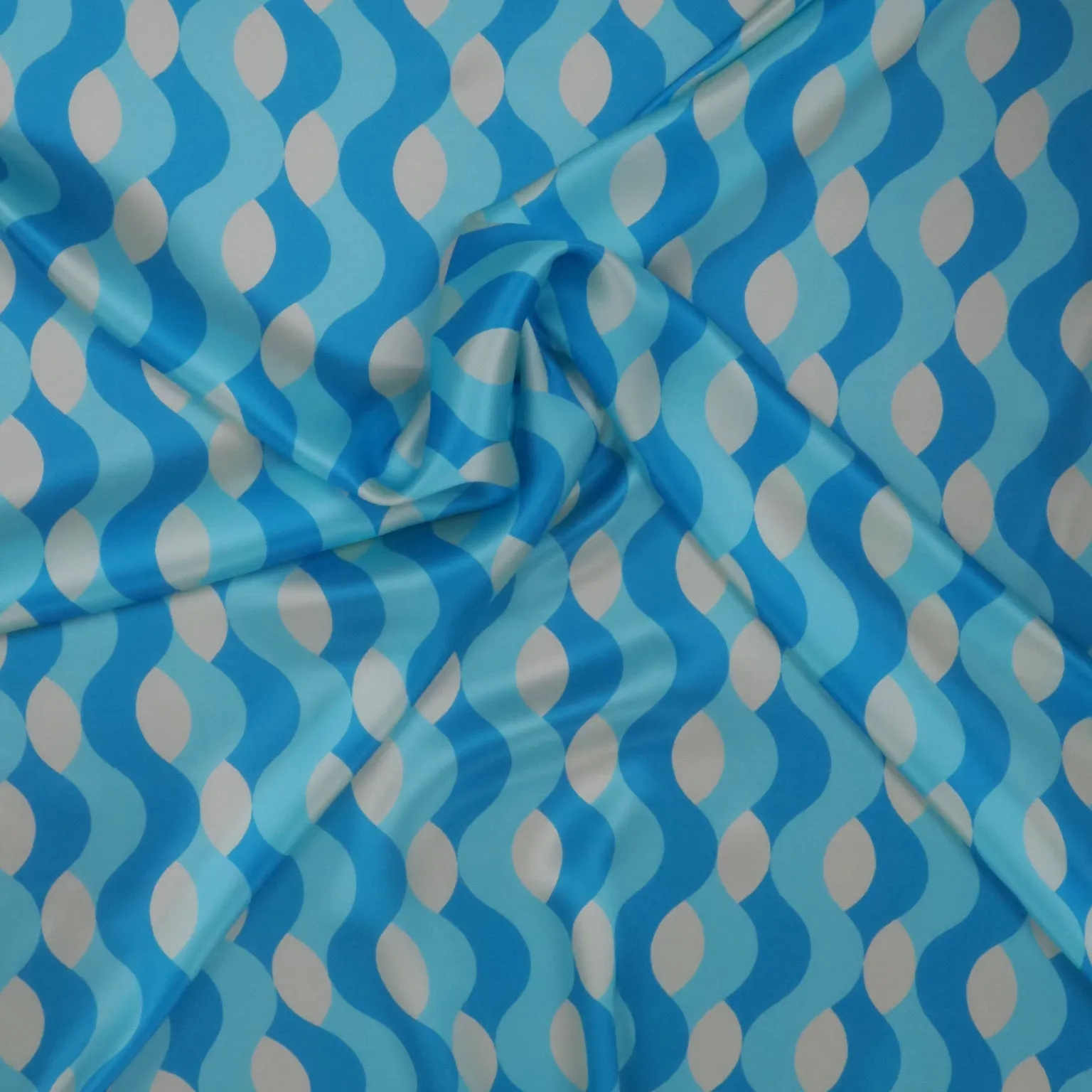 Aqua and Ivory Abstract Waves Printed Silk Charmeuse Fabric