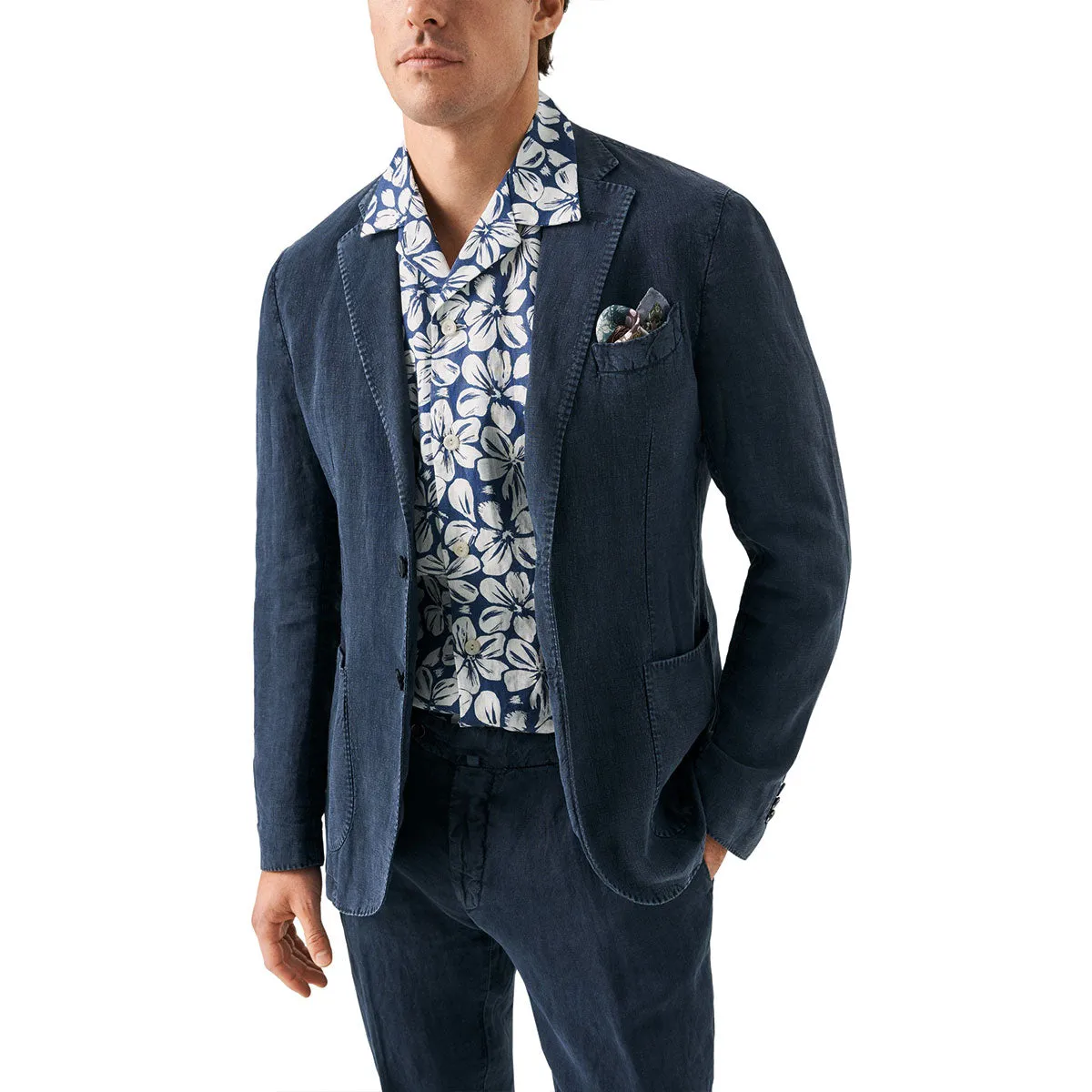 Blue Floral Linen Resort Shirt