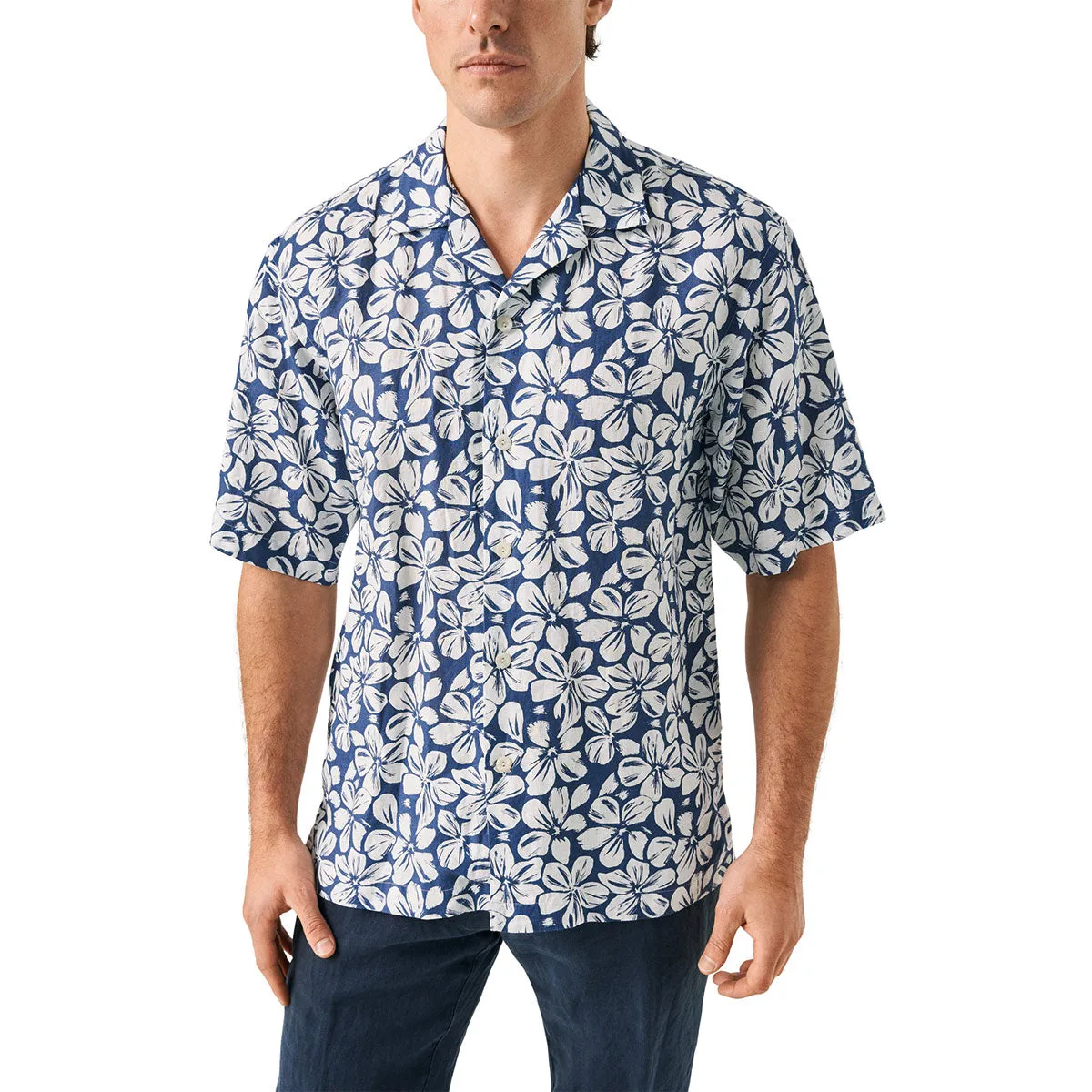 Blue Floral Linen Resort Shirt
