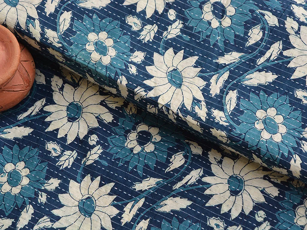 Blue Floral Pure Cotton Kantha Fabric