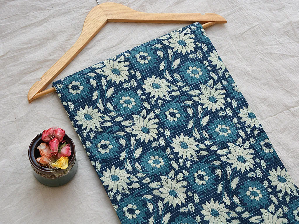 Blue Floral Pure Cotton Kantha Fabric