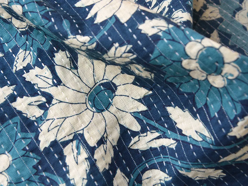 Blue Floral Pure Cotton Kantha Fabric