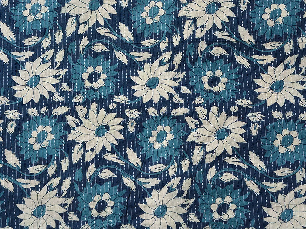 Blue Floral Pure Cotton Kantha Fabric