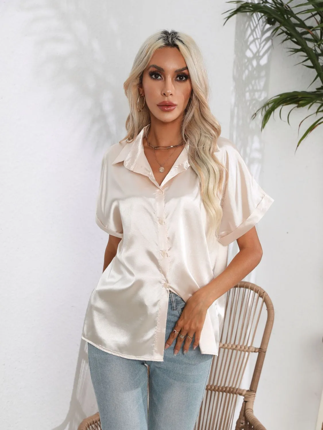 Button Down Collared Neck Short Sleeve Satin Shirt- 6 Color Options