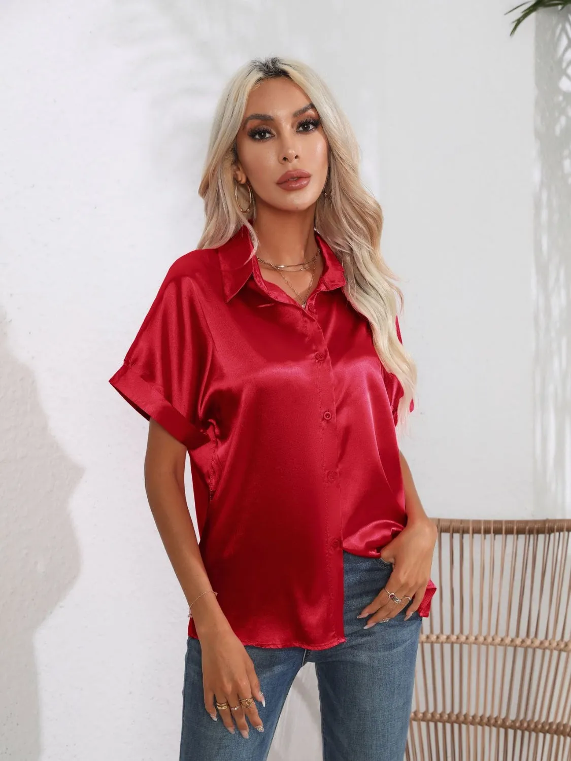 Button Down Collared Neck Short Sleeve Satin Shirt- 6 Color Options