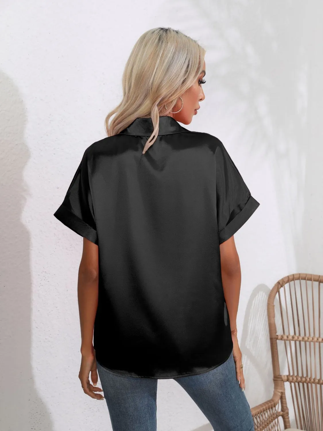 Button Down Collared Neck Short Sleeve Satin Shirt- 6 Color Options