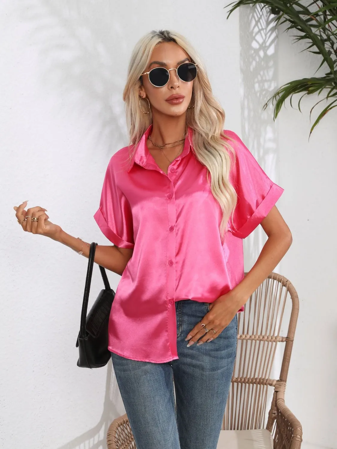 Button Down Collared Neck Short Sleeve Satin Shirt- 6 Color Options