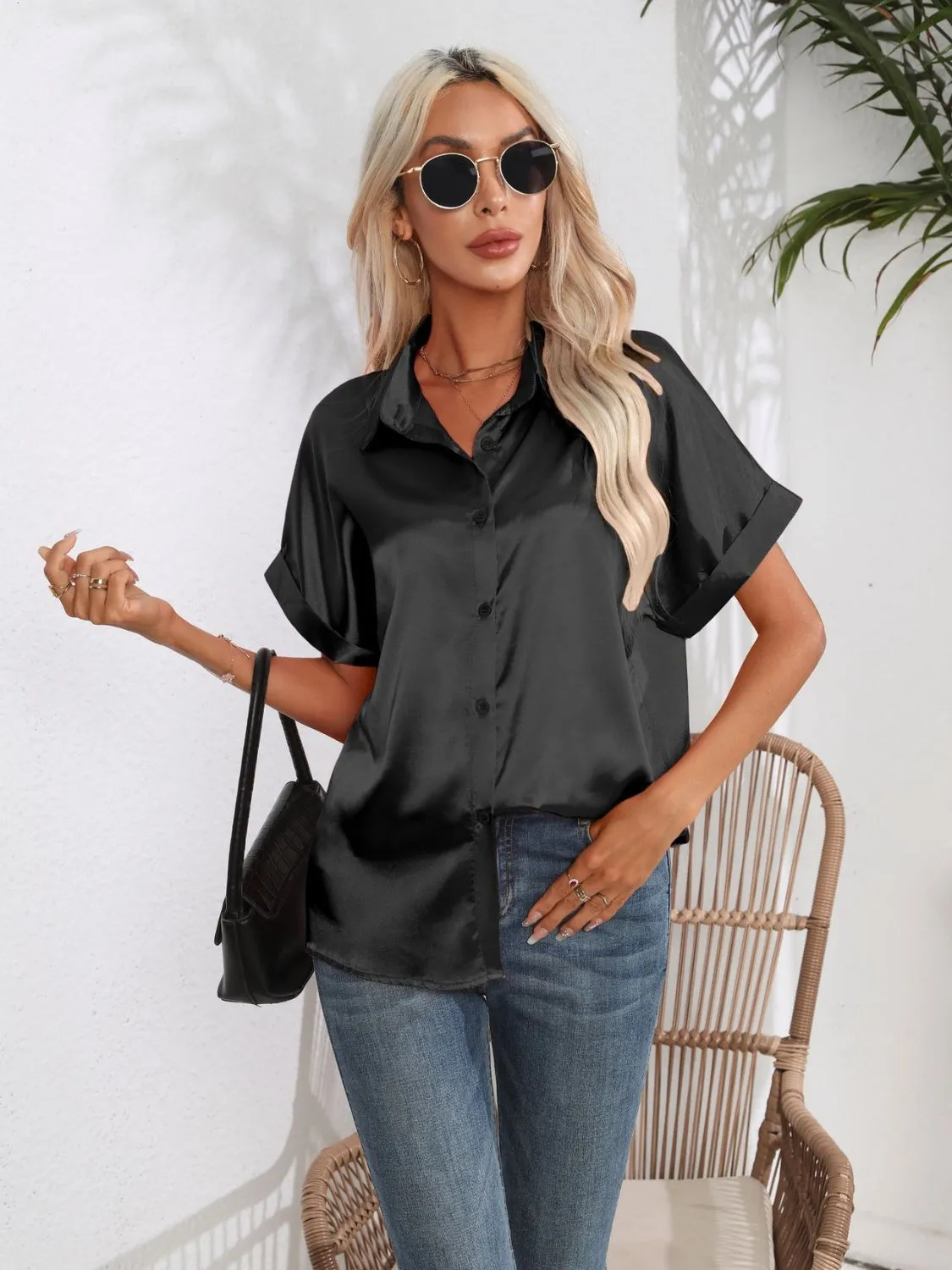 Button Down Collared Neck Short Sleeve Satin Shirt- 6 Color Options