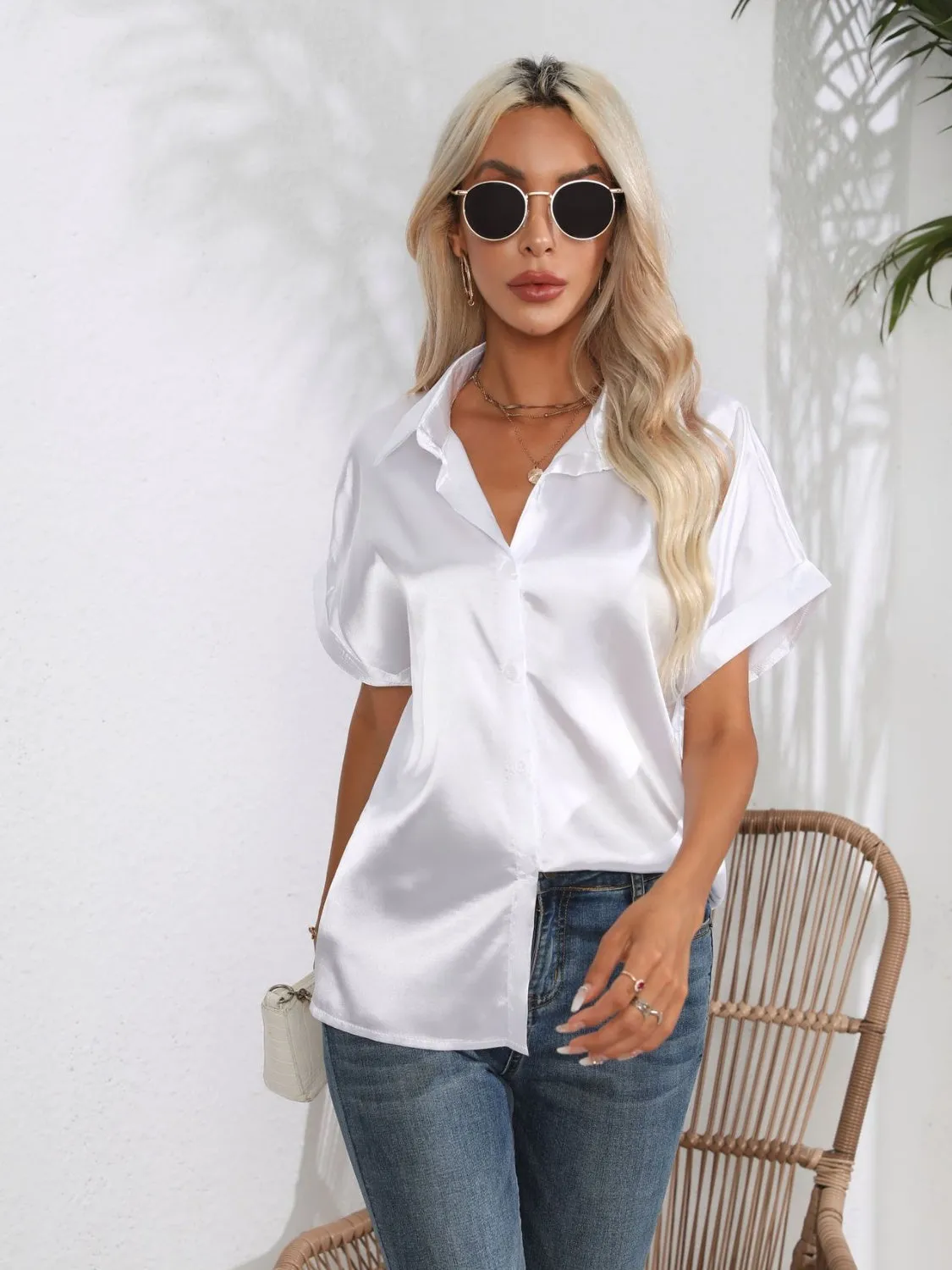 Button Down Collared Neck Short Sleeve Satin Shirt- 6 Color Options