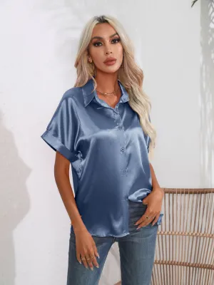 Button Down Collared Neck Short Sleeve Satin Shirt- 6 Color Options