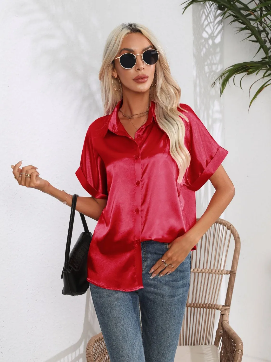 Button Down Collared Neck Short Sleeve Satin Shirt- 6 Color Options