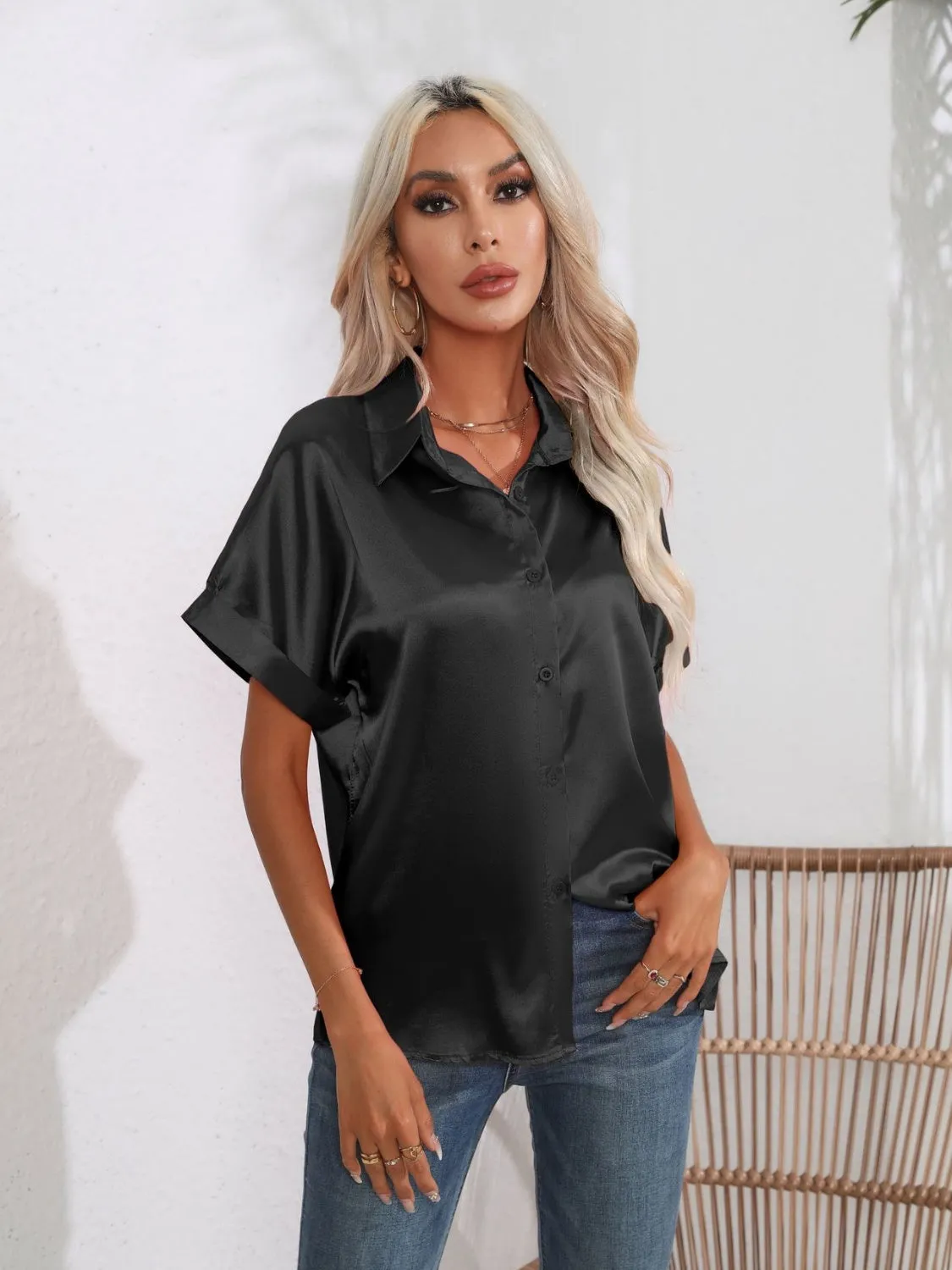 Button Down Collared Neck Short Sleeve Satin Shirt- 6 Color Options
