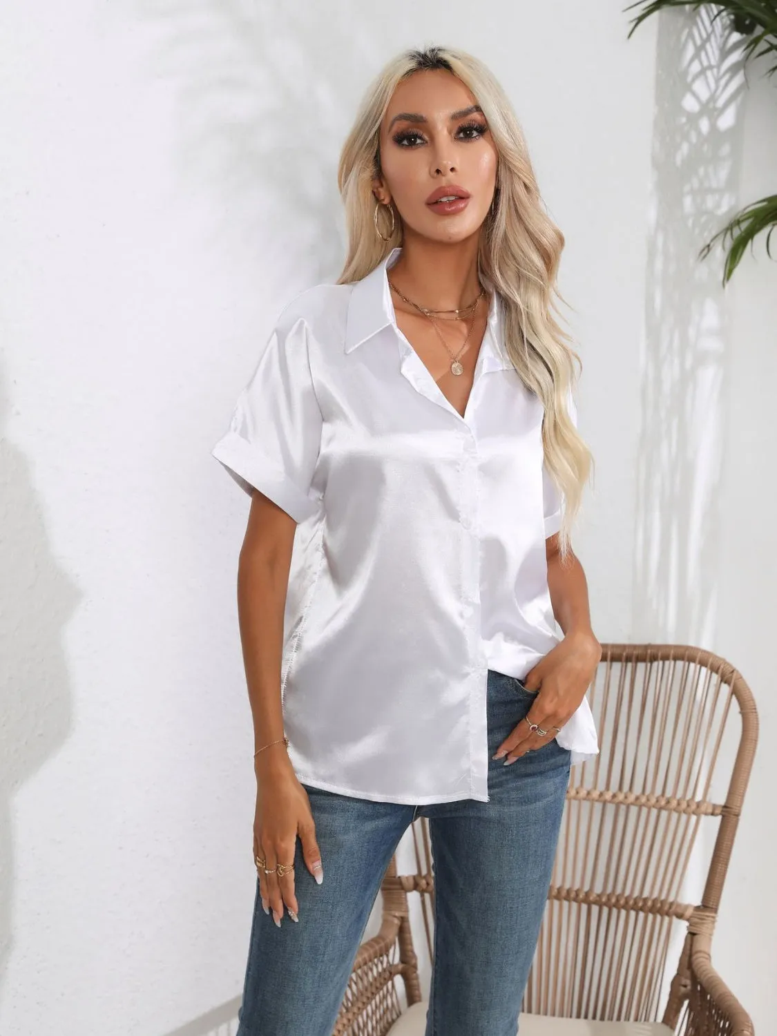 Button Down Collared Neck Short Sleeve Satin Shirt- 6 Color Options