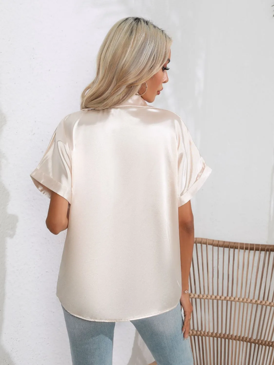 Button Down Collared Neck Short Sleeve Satin Shirt- 6 Color Options