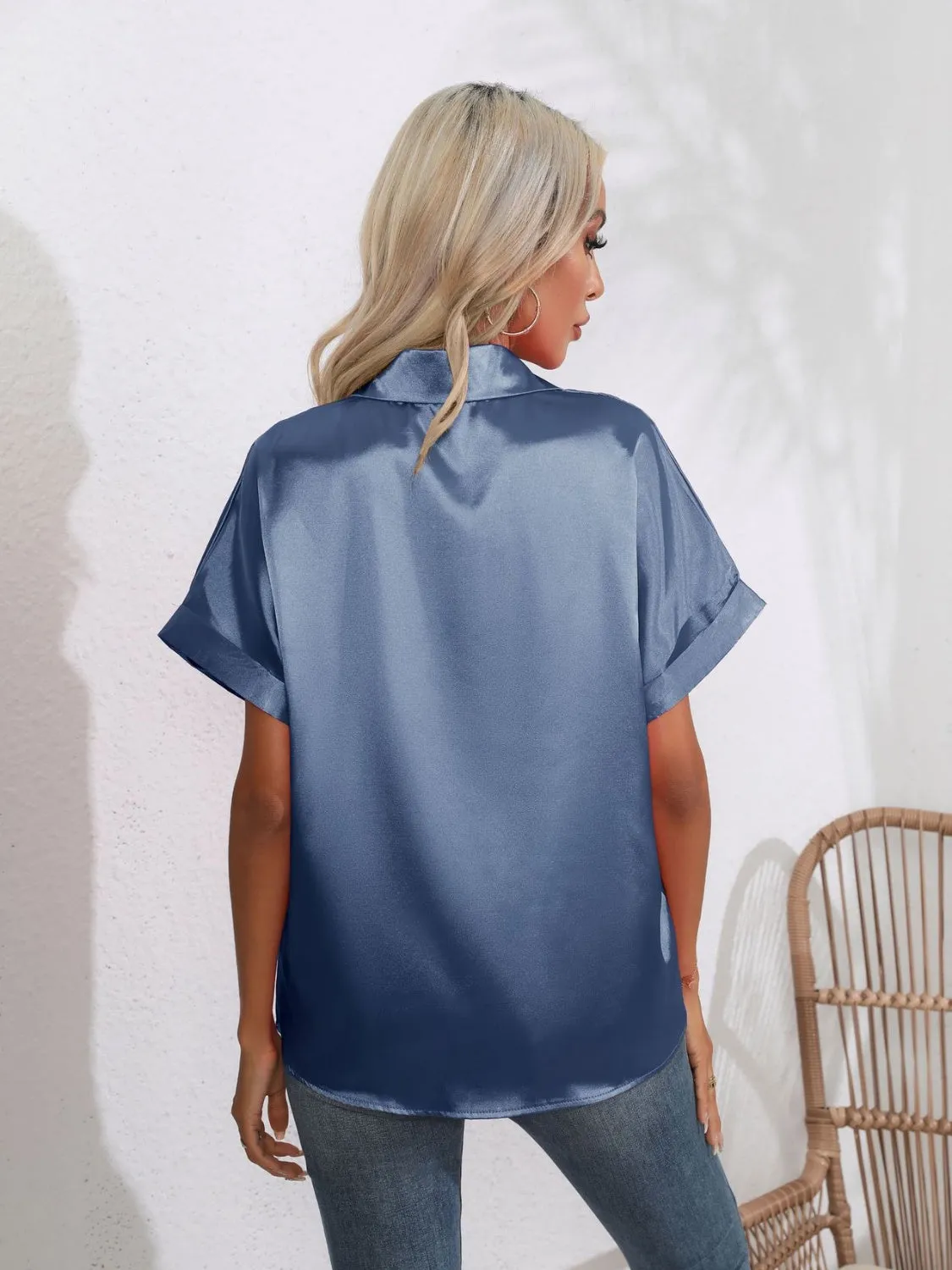 Button Down Collared Neck Short Sleeve Satin Shirt- 6 Color Options