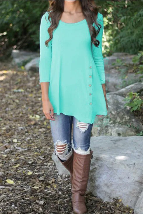 Buttons Decorate 3/4 Sleeves Irregular Long T-shirt