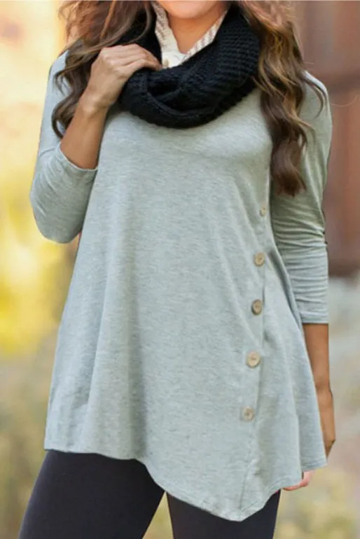 Buttons Decorate 3/4 Sleeves Irregular Long T-shirt