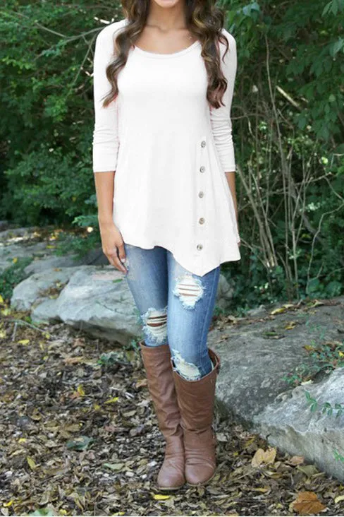 Buttons Decorate 3/4 Sleeves Irregular Long T-shirt