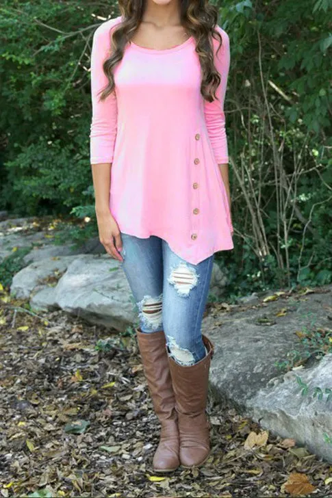 Buttons Decorate 3/4 Sleeves Irregular Long T-shirt