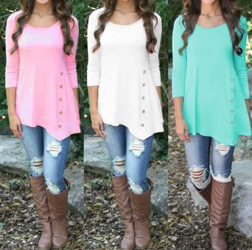Buttons Decorate 3/4 Sleeves Irregular Long T-shirt