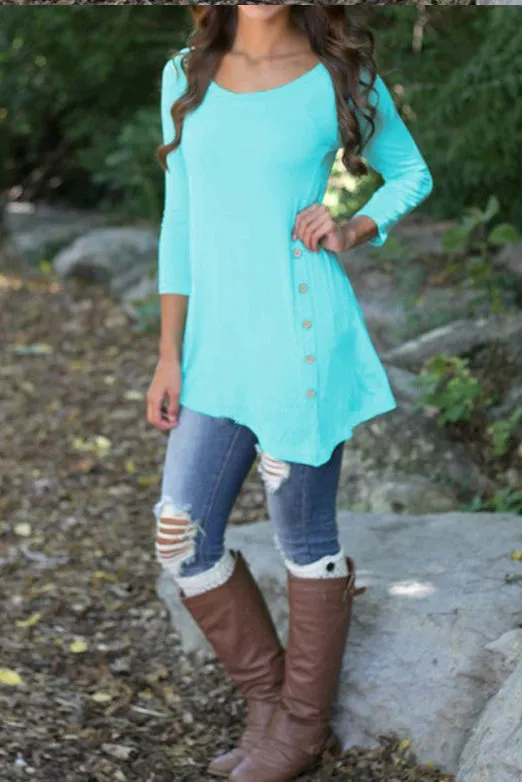 Buttons Decorate 3/4 Sleeves Irregular Long T-shirt