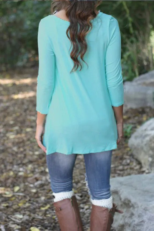 Buttons Decorate 3/4 Sleeves Irregular Long T-shirt