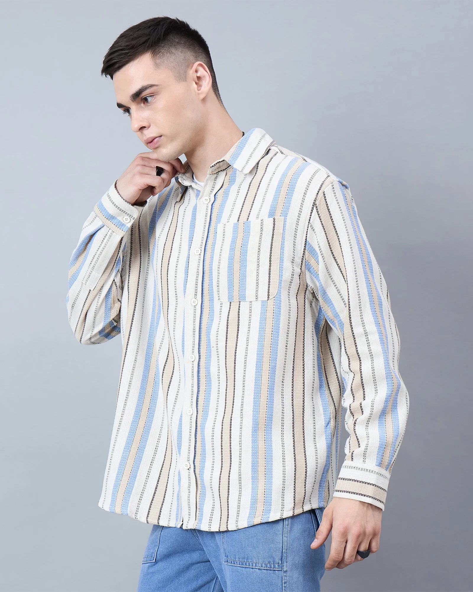 Chimpaaanzee Men Beige & Blue Oversized Shirt