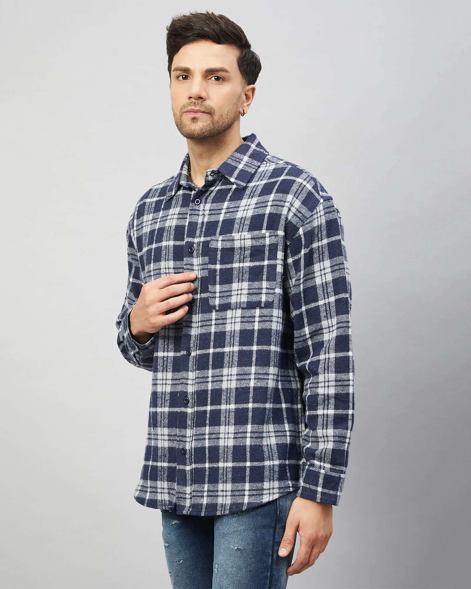 Chimpaaanzee Men Navy & Grey Oversized Fit Shirt