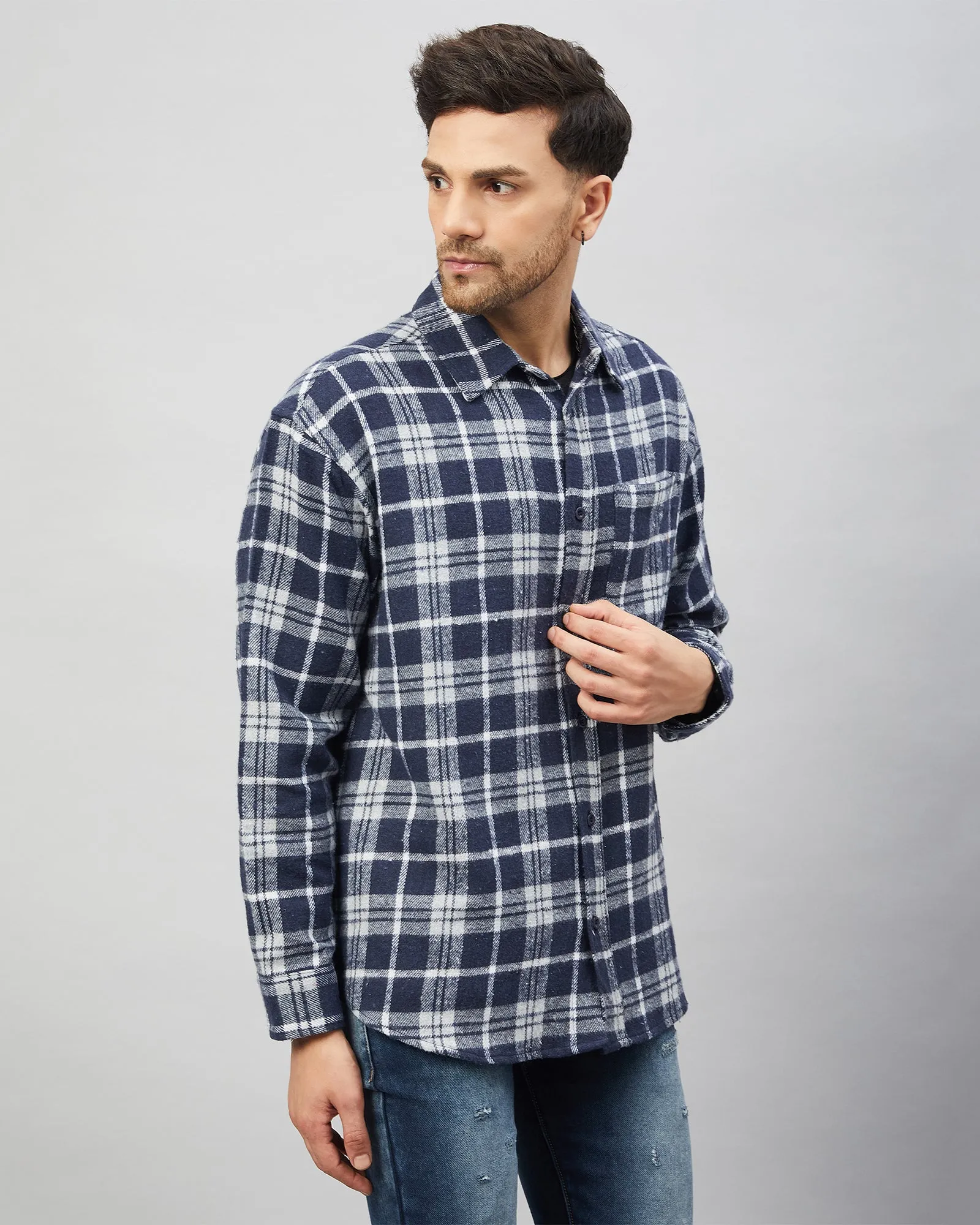 Chimpaaanzee Men Navy & Grey Oversized Fit Shirt