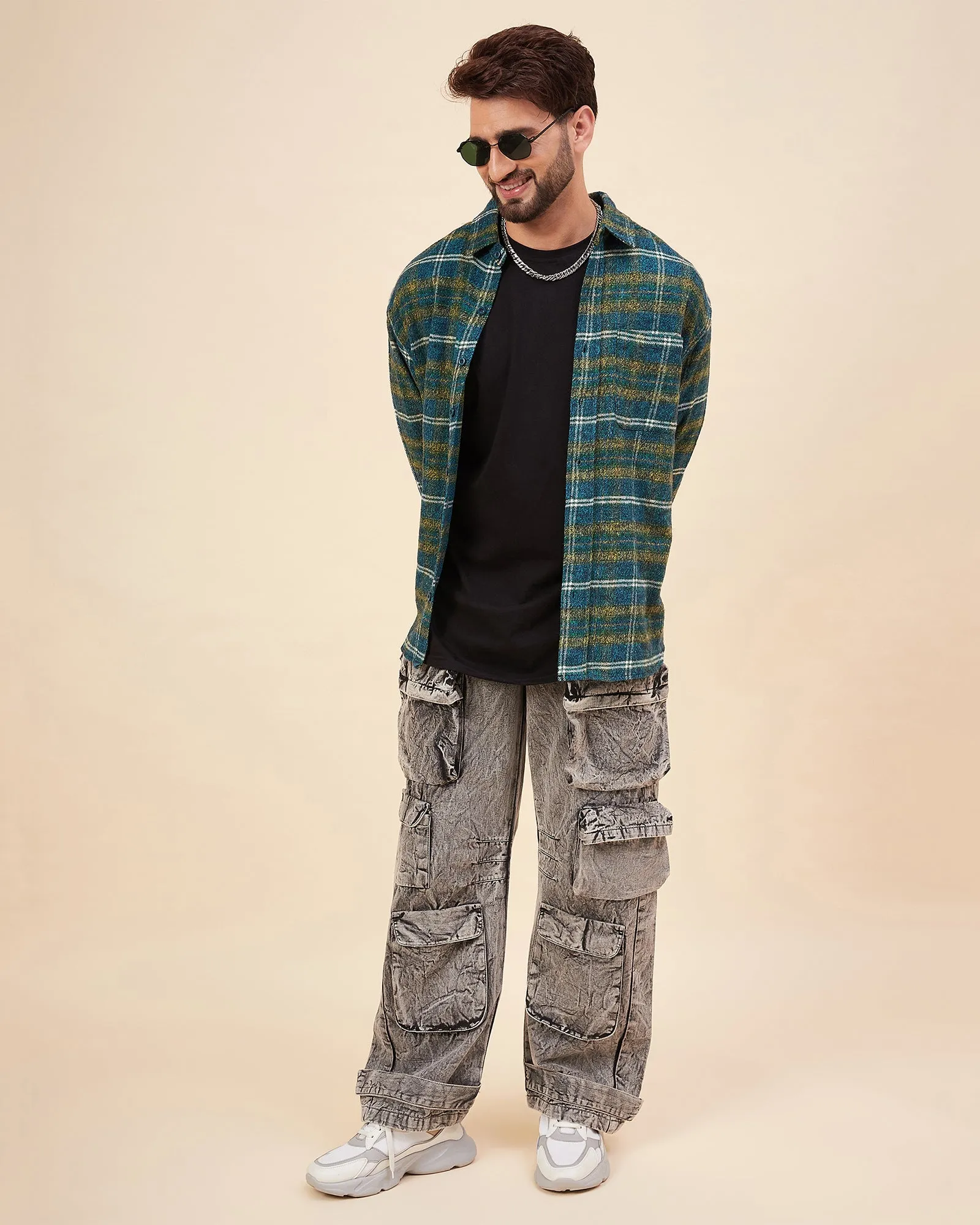 Chimpaaanzee Men Skyblue & Yellow Oversized Fit Shirt