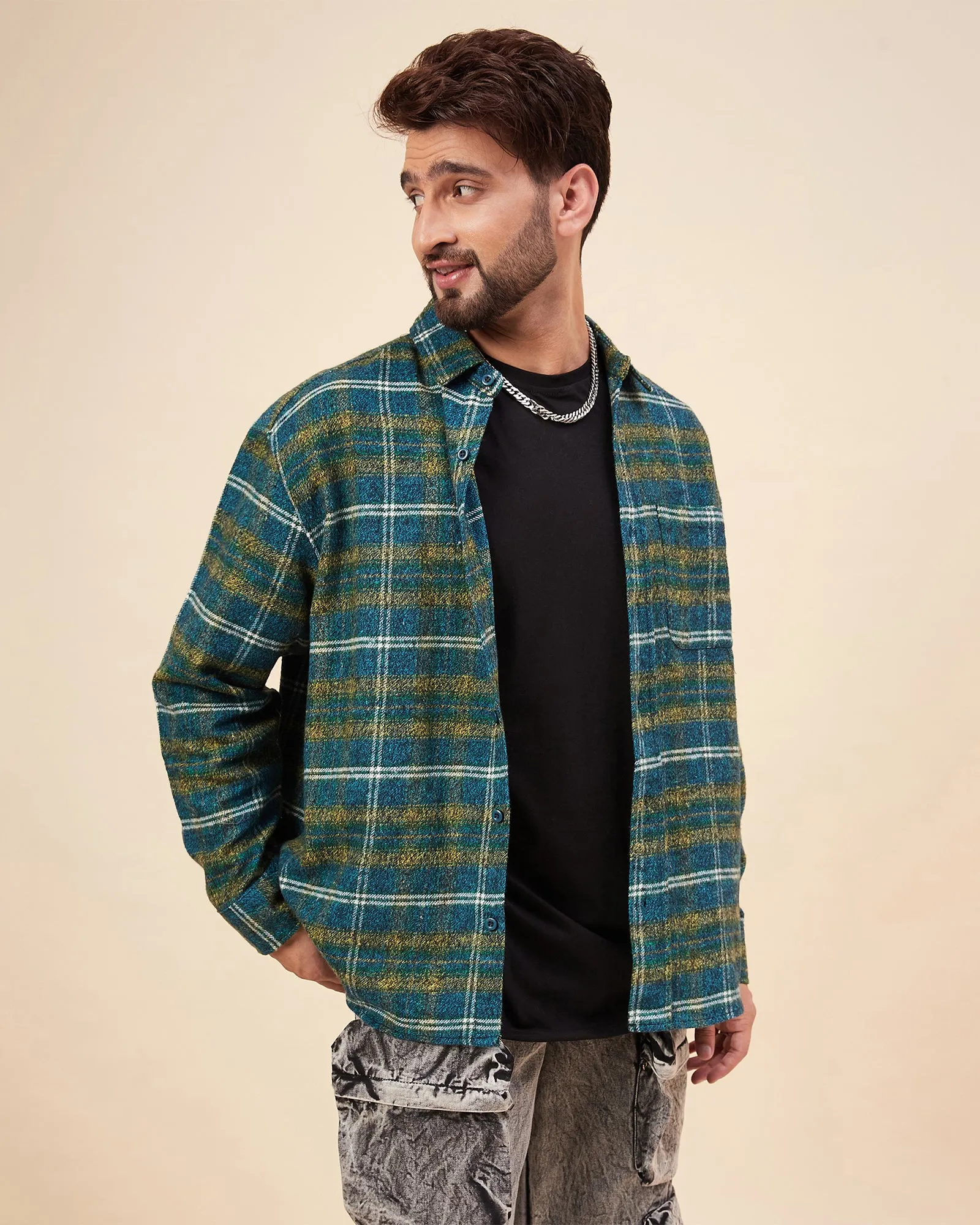 Chimpaaanzee Men Skyblue & Yellow Oversized Fit Shirt