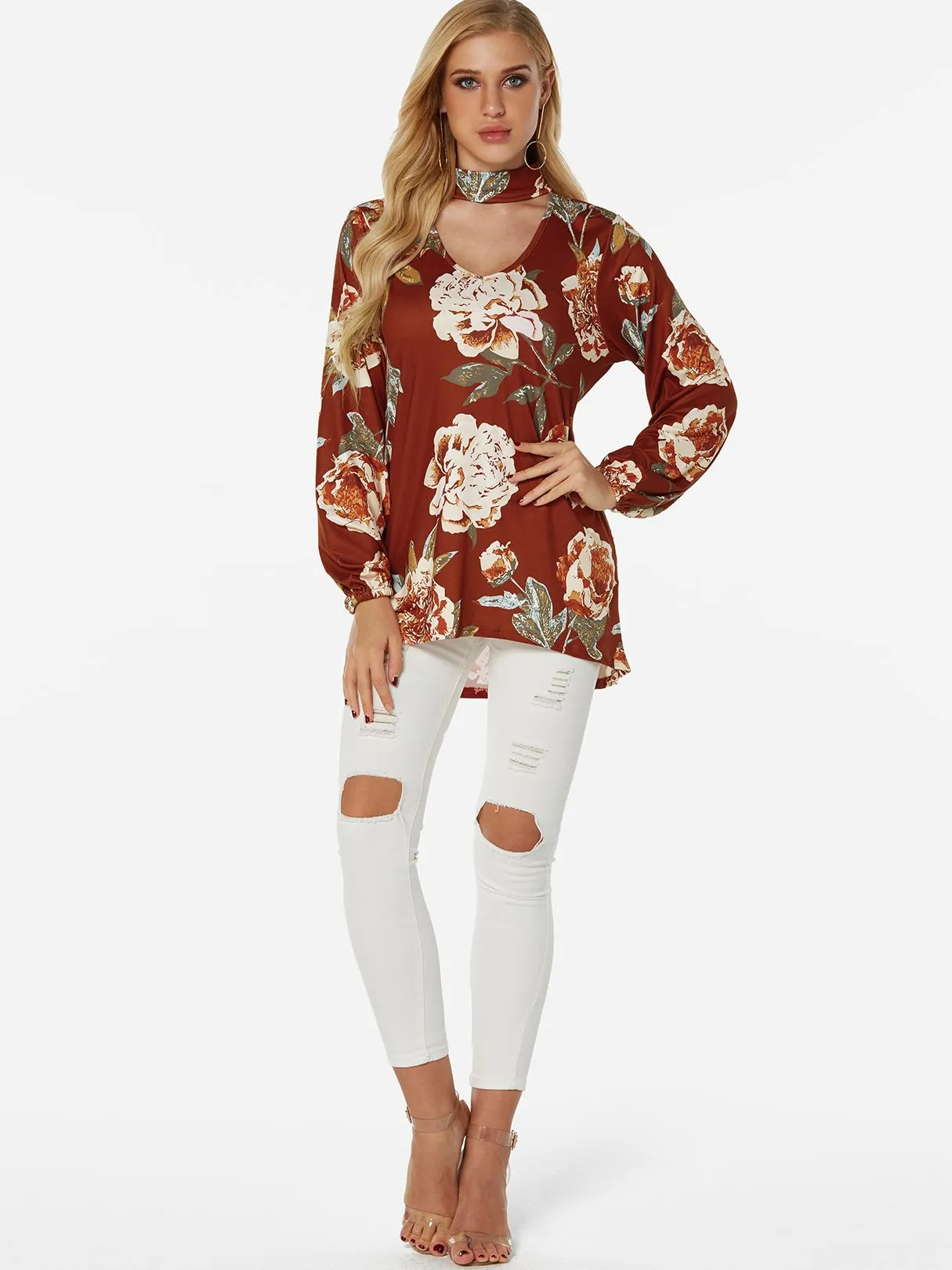 Custom Perkins Collar Floral Print Cut Out Long Sleeve Curved Hem Blouses
