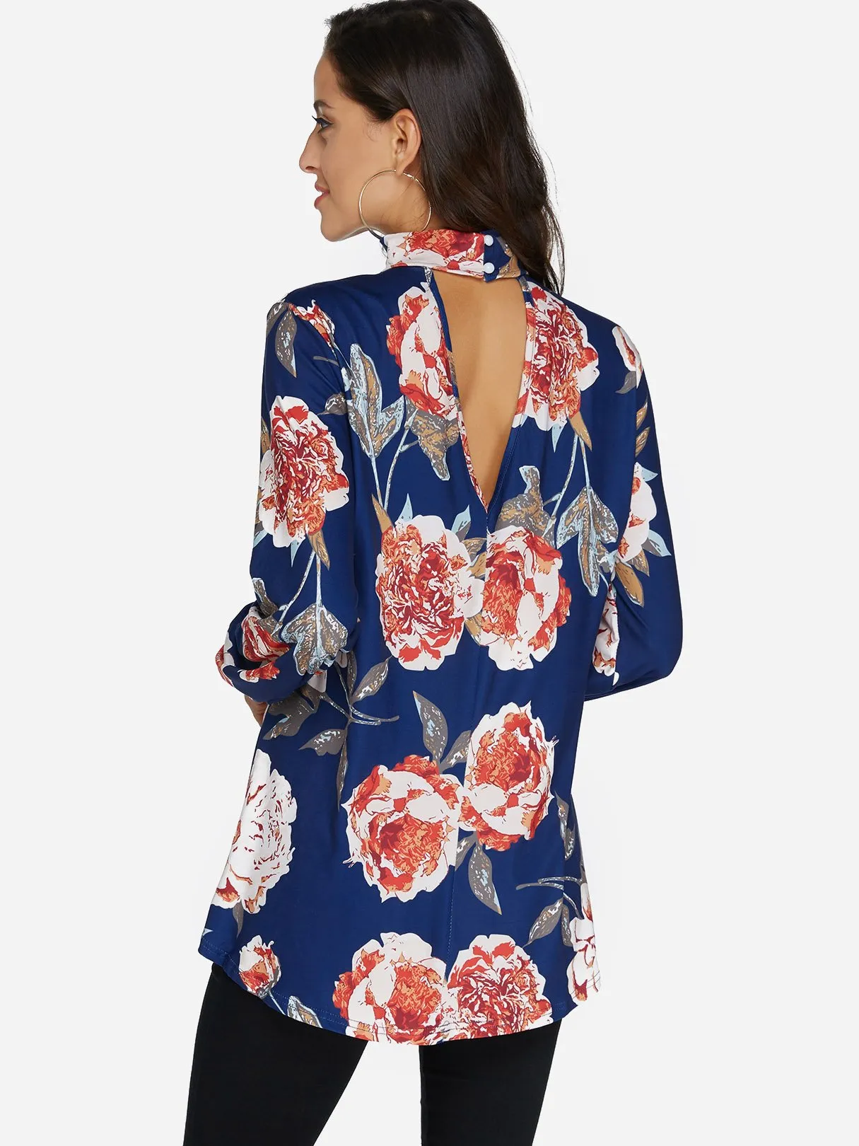 Custom Perkins Collar Floral Print Cut Out Long Sleeve Curved Hem Blouses