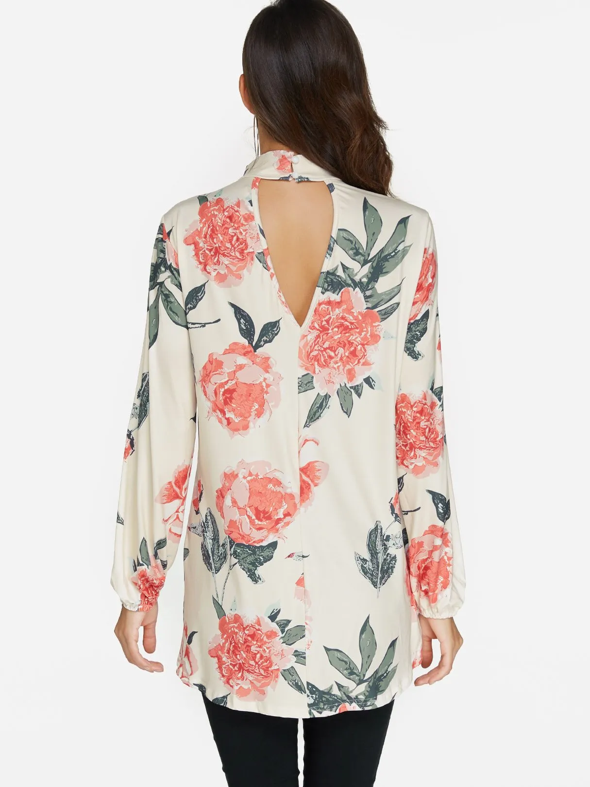 Custom Perkins Collar Floral Print Cut Out Long Sleeve Curved Hem Blouses