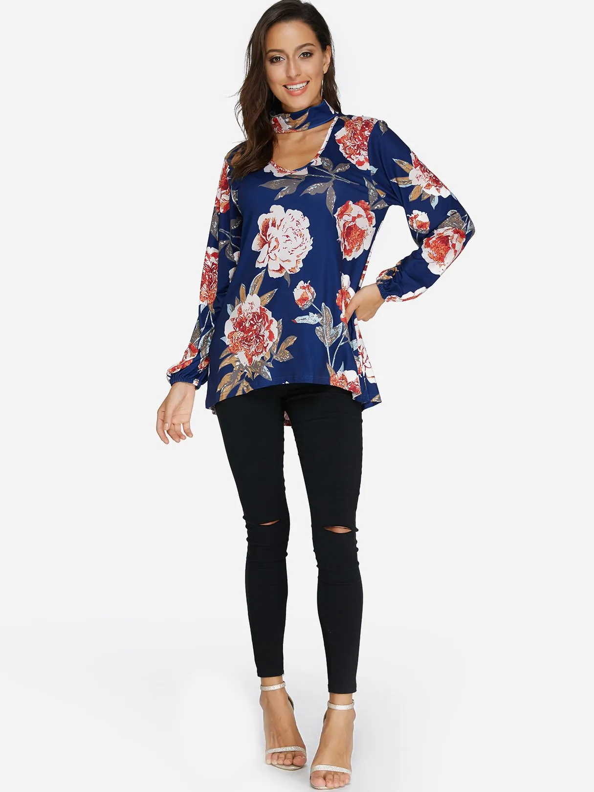 Custom Perkins Collar Floral Print Cut Out Long Sleeve Curved Hem Blouses