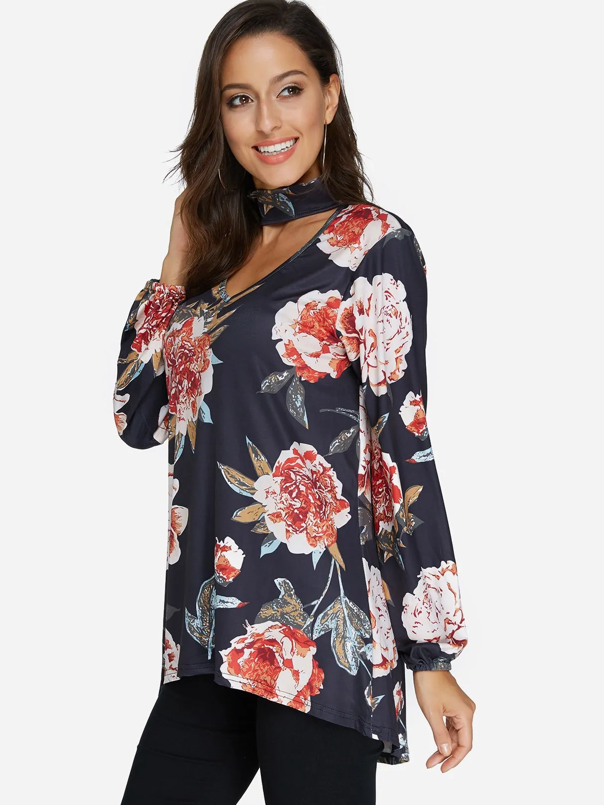 Custom Perkins Collar Floral Print Cut Out Long Sleeve Curved Hem Blouses