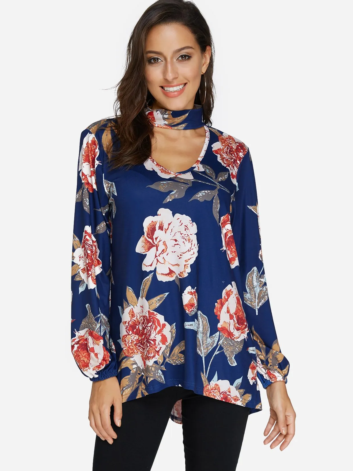 Custom Perkins Collar Floral Print Cut Out Long Sleeve Curved Hem Blouses