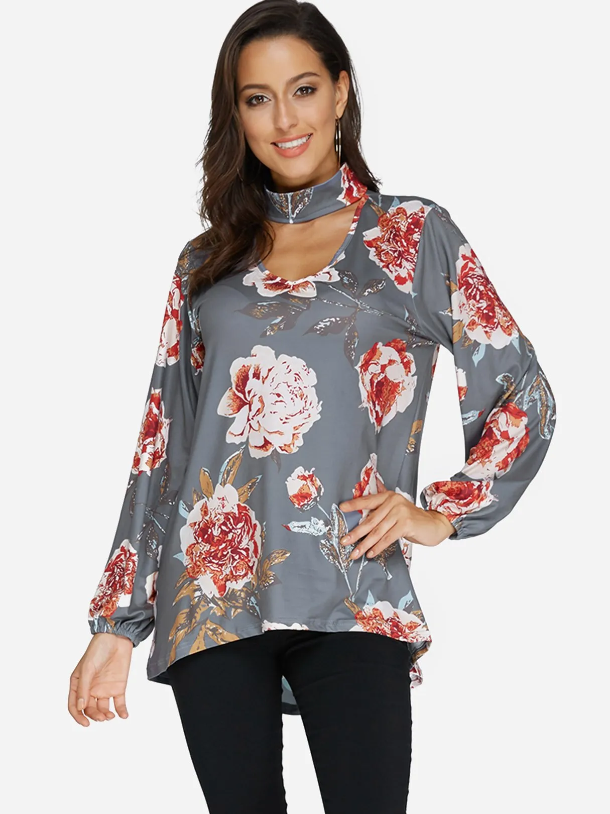 Custom Perkins Collar Floral Print Cut Out Long Sleeve Curved Hem Blouses