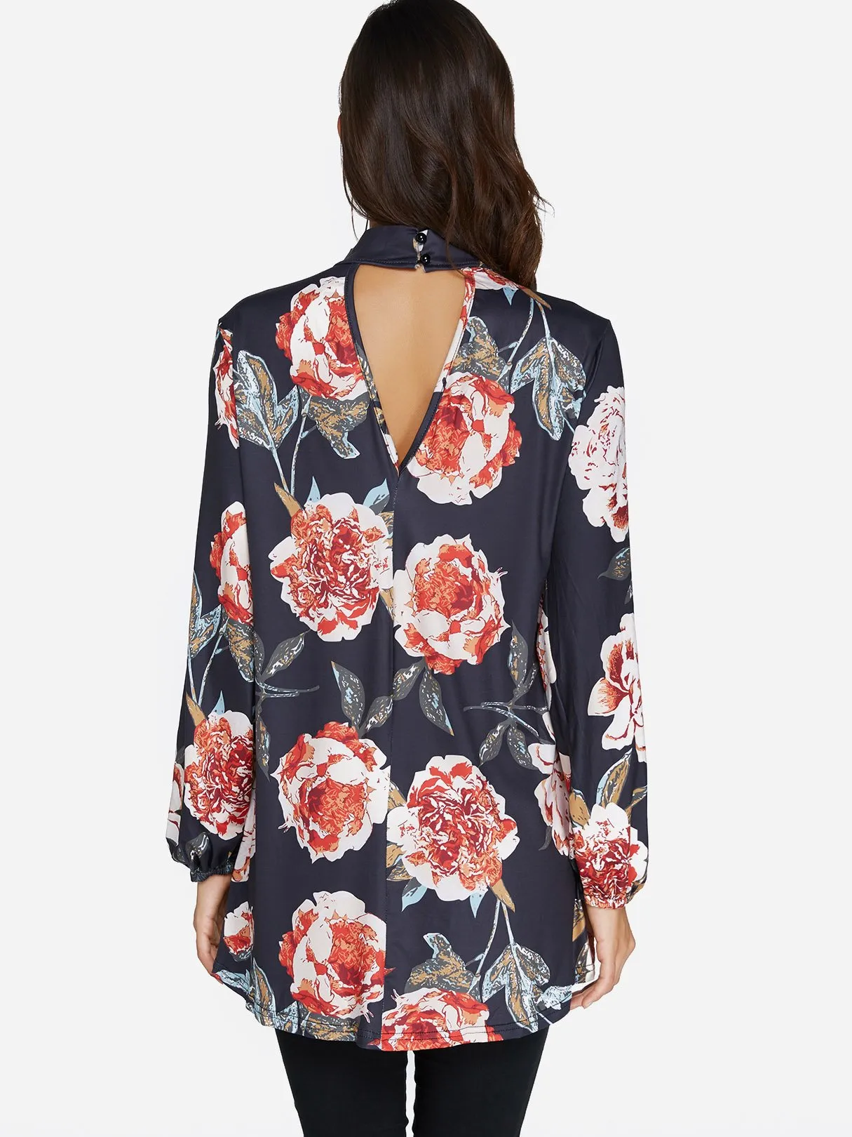 Custom Perkins Collar Floral Print Cut Out Long Sleeve Curved Hem Blouses