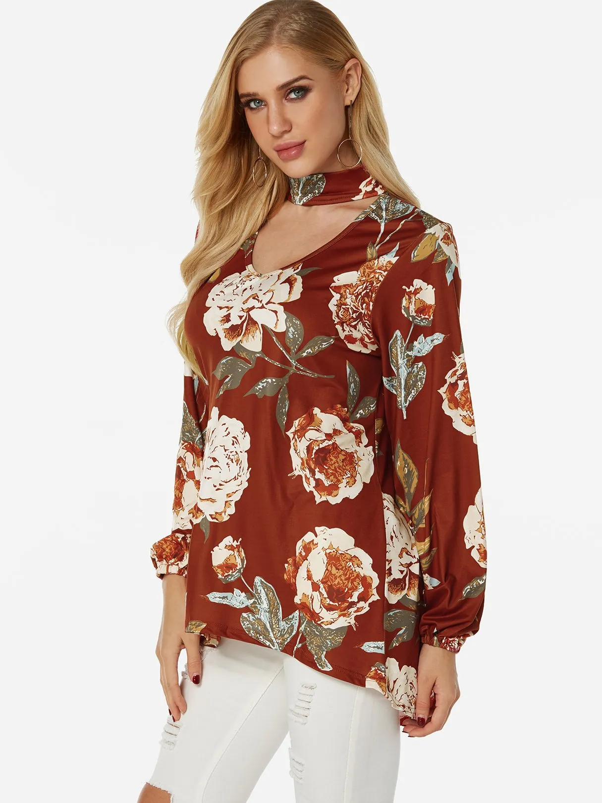 Custom Perkins Collar Floral Print Cut Out Long Sleeve Curved Hem Blouses
