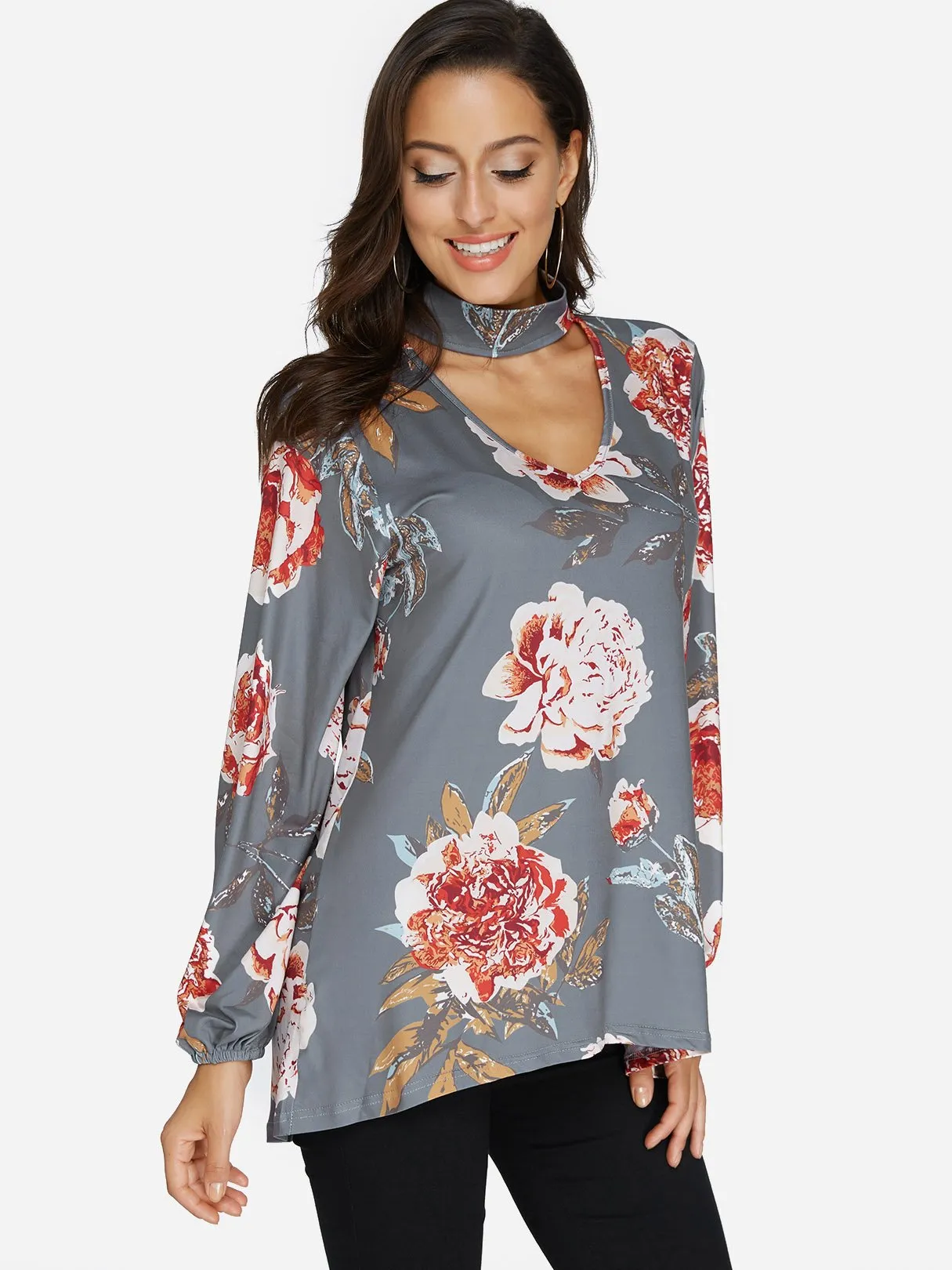 Custom Perkins Collar Floral Print Cut Out Long Sleeve Curved Hem Blouses