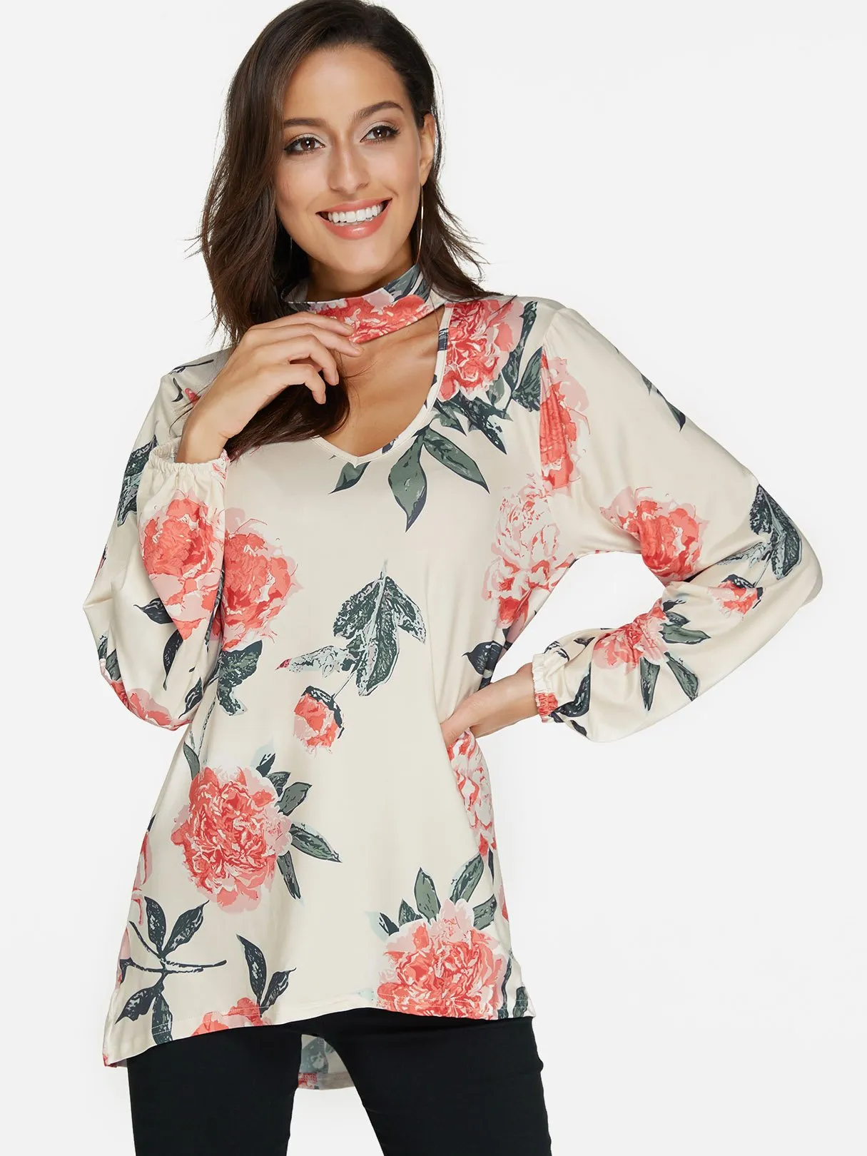 Custom Perkins Collar Floral Print Cut Out Long Sleeve Curved Hem Blouses
