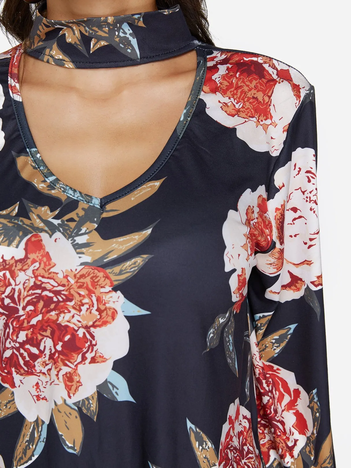 Custom Perkins Collar Floral Print Cut Out Long Sleeve Curved Hem Blouses