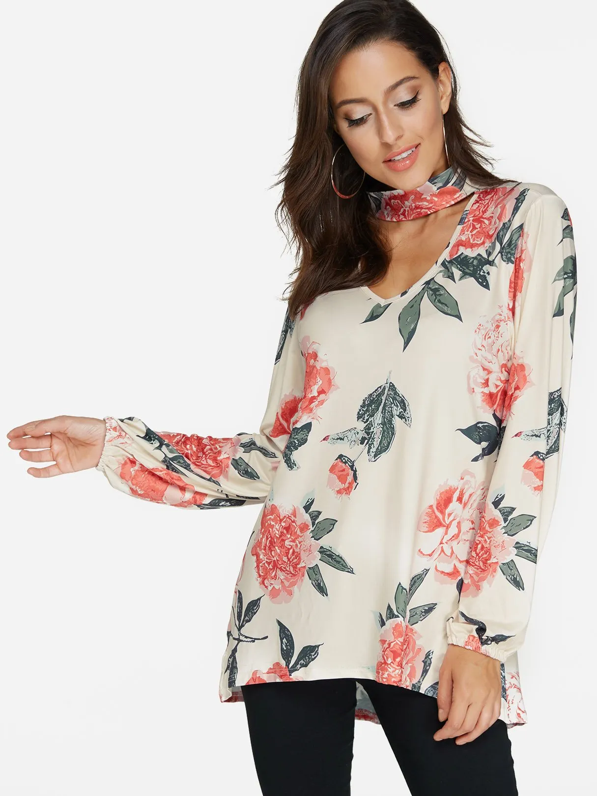 Custom Perkins Collar Floral Print Cut Out Long Sleeve Curved Hem Blouses