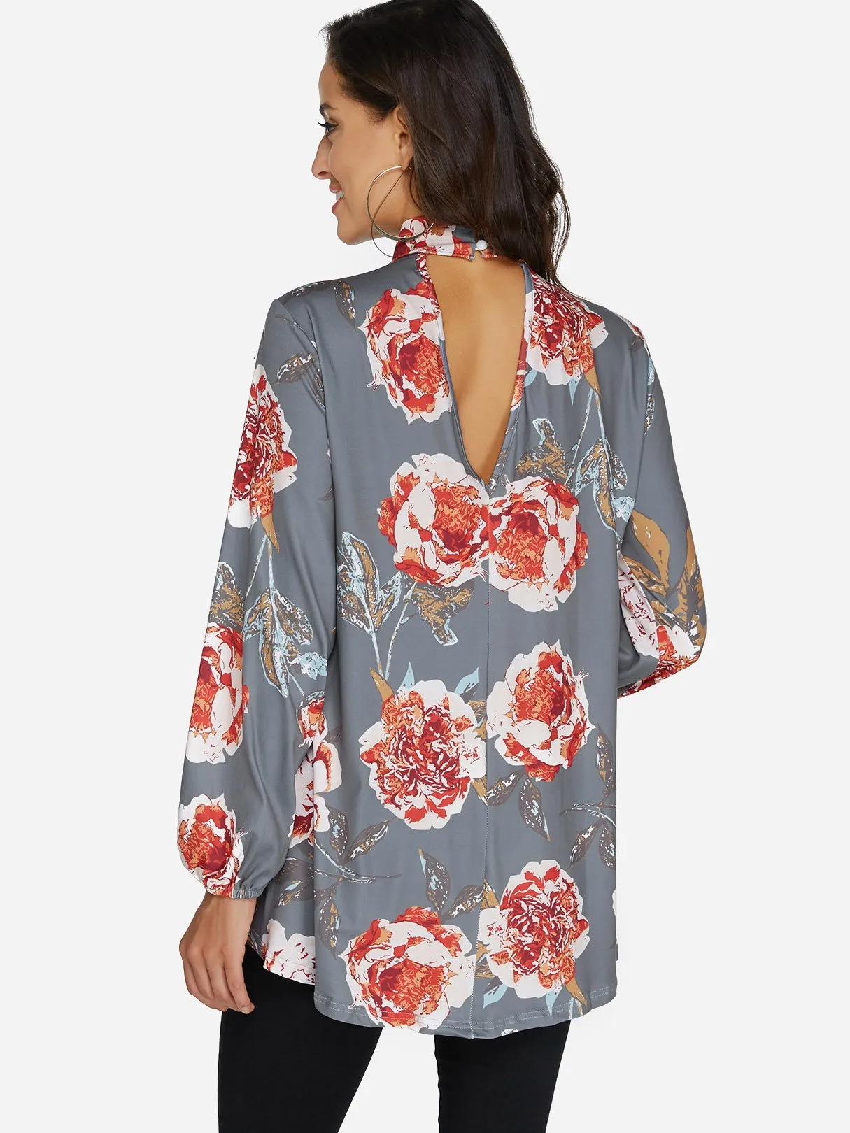 Custom Perkins Collar Floral Print Cut Out Long Sleeve Curved Hem Blouses