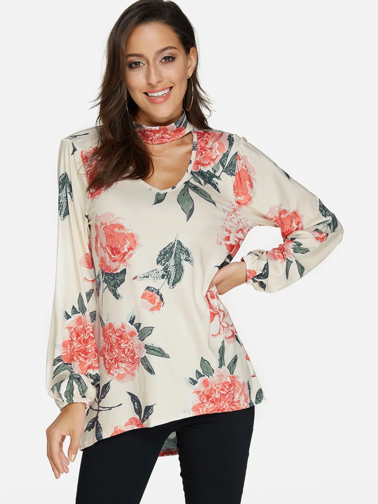 Custom Perkins Collar Floral Print Cut Out Long Sleeve Curved Hem Blouses
